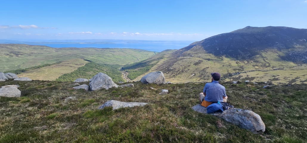 Jay sitting on a rock looking out over hills to the sea