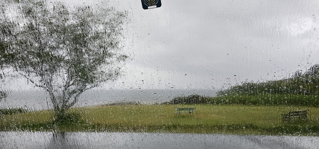 Wet motorhome windcsreen heavy rain Arran
