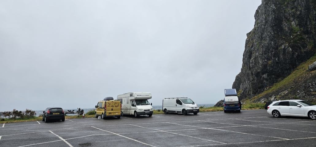 Free overnight motorhome and campervan parking on Ellenabeich on Seil. A bit exposed when the weather closes in.