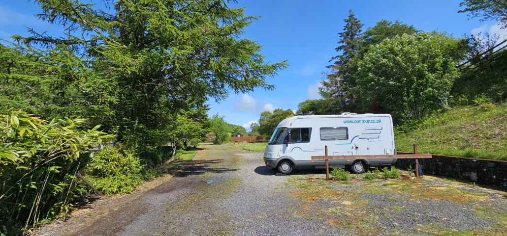 Roseview campsite near Oban, motorhome amongst trees
