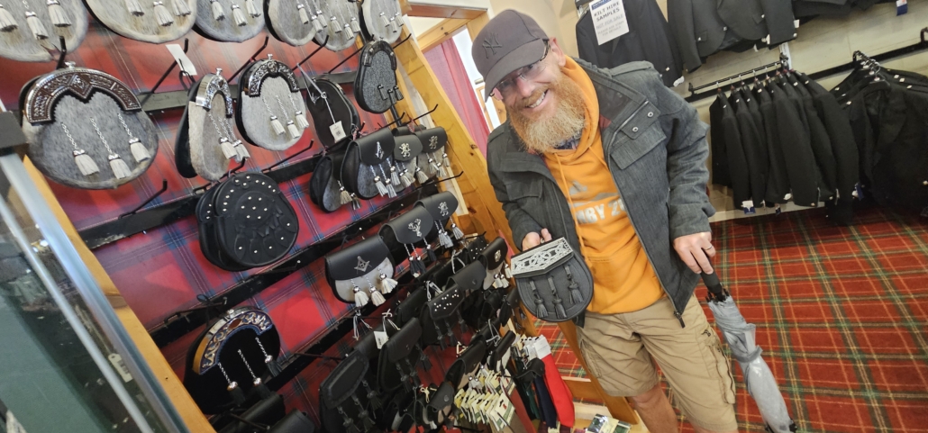 Jay with a display of kilt sporrens