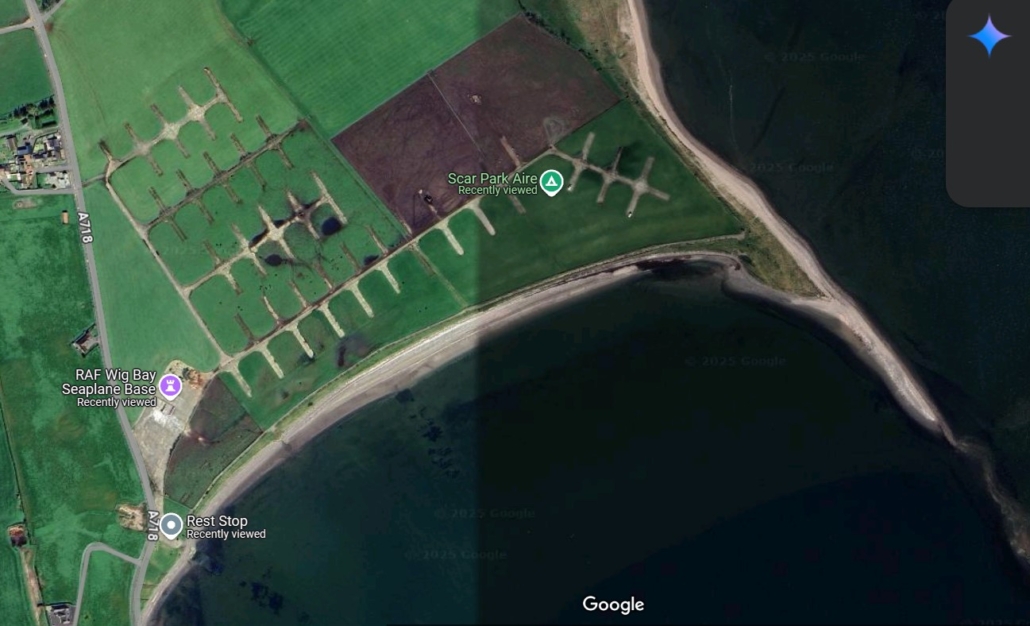 Google map satellite image showing the air base as it is today - mainly grass with a pattern of concrete bases. 
