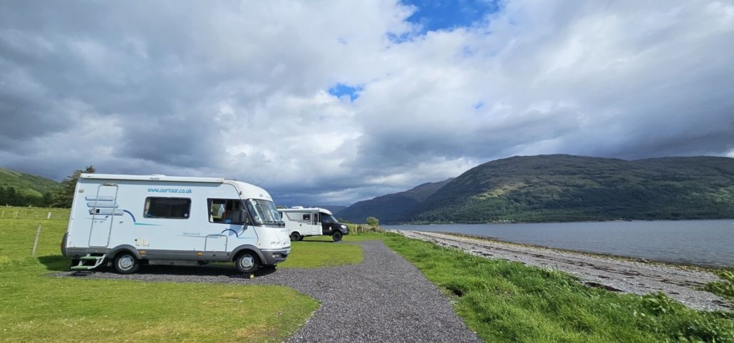 The beach-side motorhome aire at Onich in Scotland