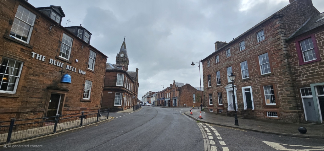 Annan high street, red sandstone buildings either side of the road