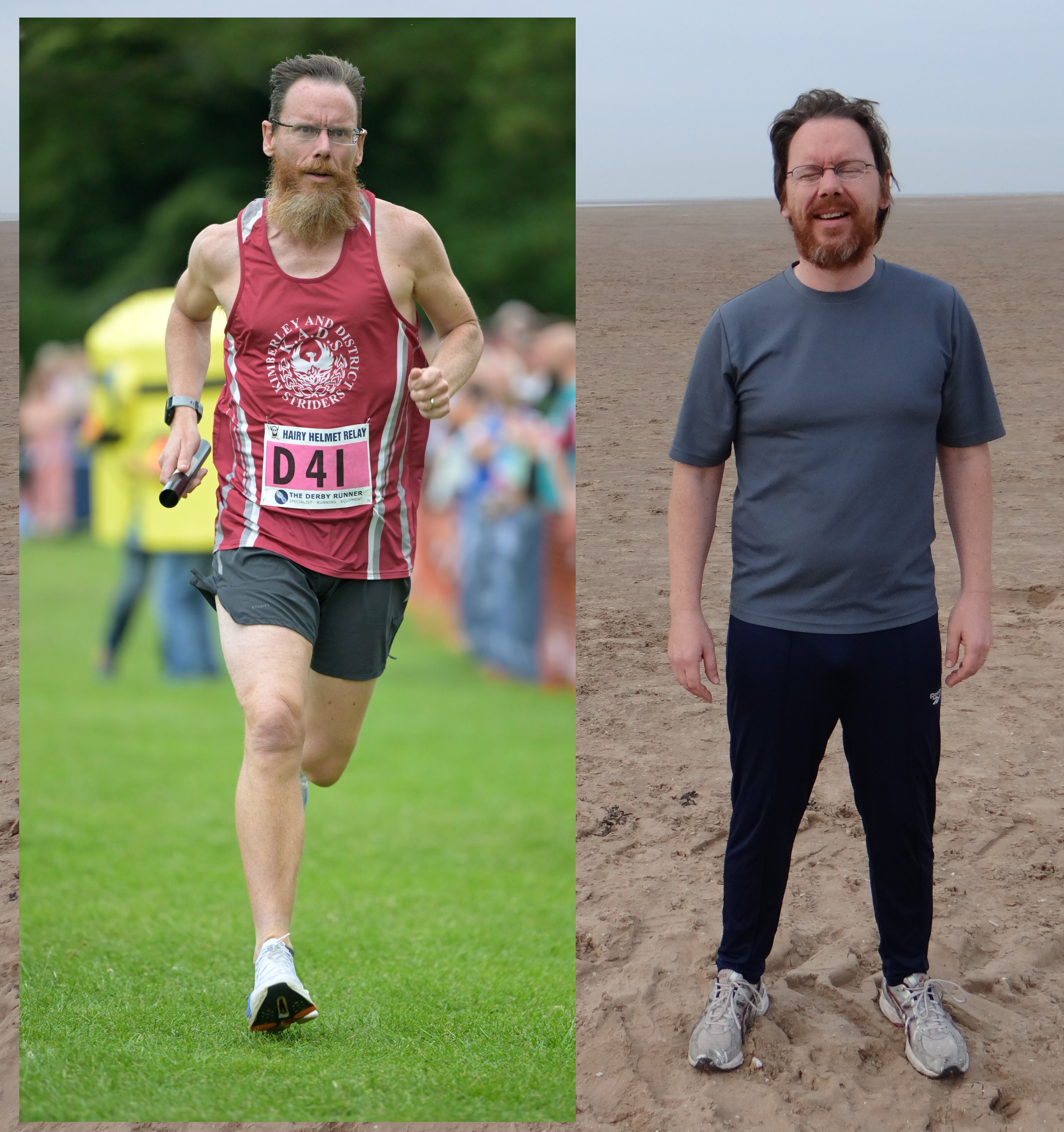 Two images of a running man, one aged 52 and the other aged 42